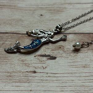 Silver Mermaid Blue Fire Opal Pendant Pearl and Pink Topaz Treasure Necklace
